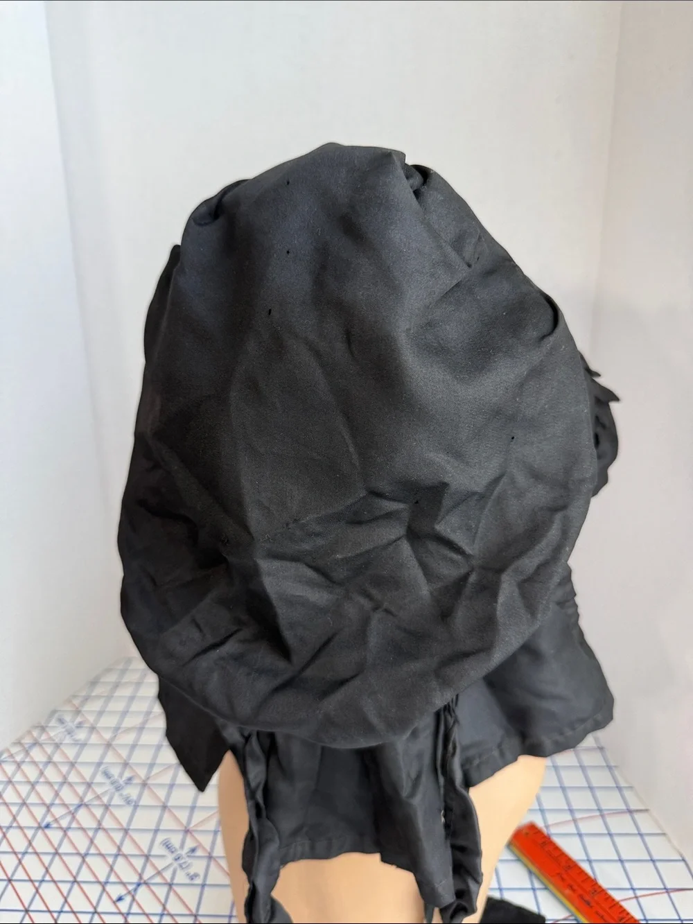 Vintage 1940s Black Satin Bonnet Quilted Ruffle Prairie Victorian Style Costume